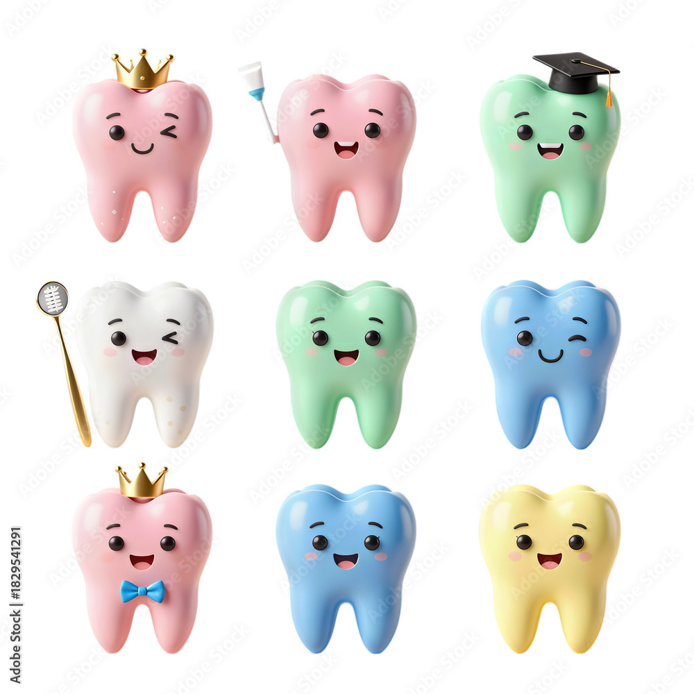 Obraz premium Cute Cartoon Teeth Characters in Various Colors and Styles