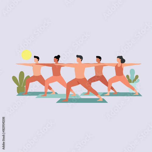 Illustration of five people in warrior 2 yoga pose on mats with green plants behind them and a yellow sun in the corner on a light purple background.