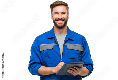 Happy construction worker with tablet wearing blue workwear in transparent background