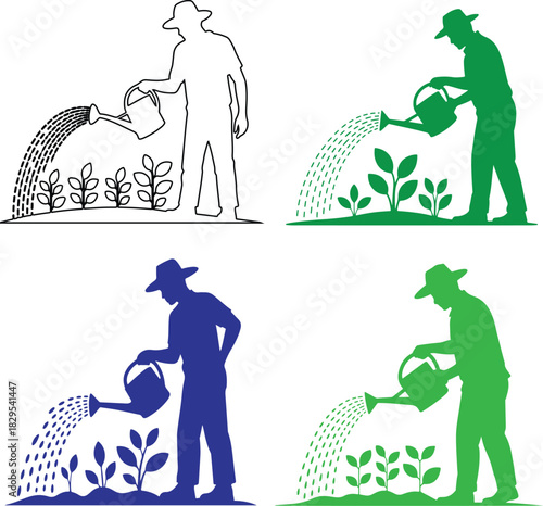 Gardener with Watering Can Cultivating Plants Vector Illustration Set