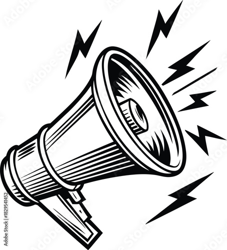 Vintage Monochrome Megaphone Icon with Lightning Bolts