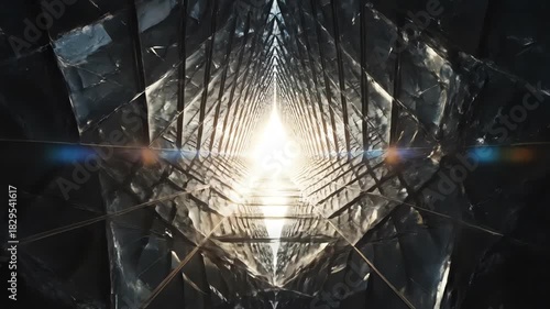 Extreme low angle view of dark architectural glass facade structure with precise geometric panels converging sharply towards a brilliant vanishing point on the distant horizon strong perspective