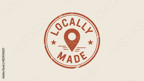 A rustic locally made stamp featuring a location pin and stars in a circular design on a beige backdrop