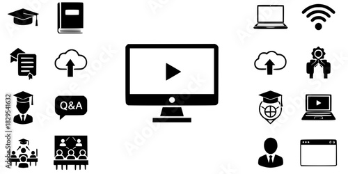 Online Learning Computer Play Icon Vector Silhouette