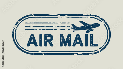 Air mail stamp with airplane and lines in blue on a light beige background in a distressed style