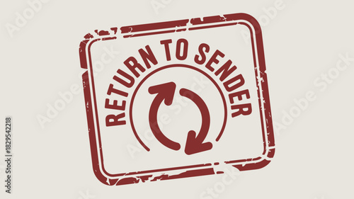 A close up of a red return to sender stamp with arrows in a square on an off white background