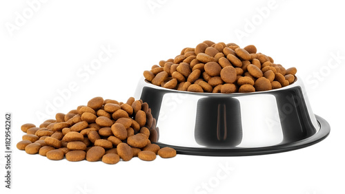 A stainless steel dog bowl filled with brown kibble and some spilled on the black background nearby