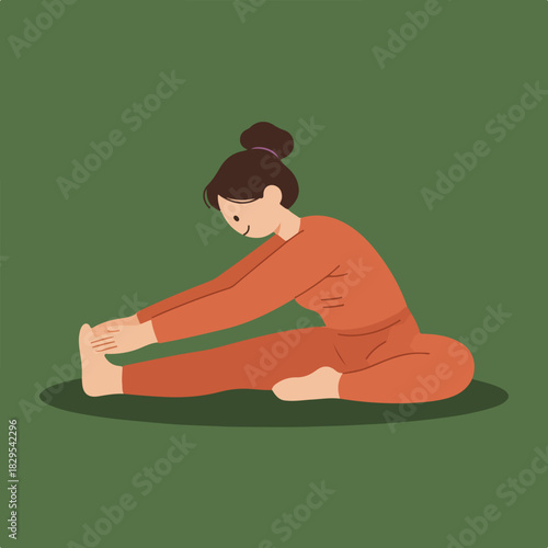 A woman in an orange suit stretches, seated on the ground in the yoga position, touching her toes with her hands, on a green background.