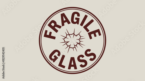 Fragile glass warning sign with cracked glass symbol in a brown circle on a beige background