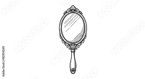A vintage hand-drawn sketch of an ornate antique hand mirror with a decorative oval frame and an intricately carved handle.