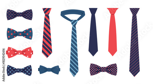 A collection of colorful men's neckties and bow ties with various patterns like stripes and polka dots on a white background.