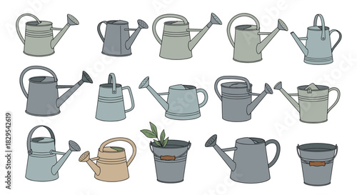 A large collection of hand-drawn watering cans and buckets in various rustic styles and muted colors on a white background.