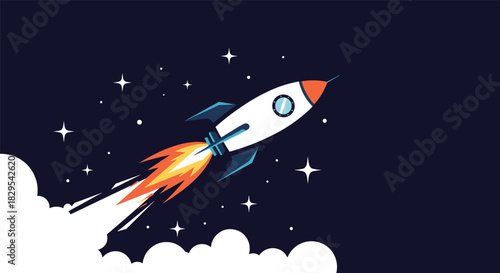 A cartoon rocket ship blasting off into a starry night sky leaving a trail of fire and smoke symbolizing a business startup.