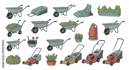 A collection of colorful hand-drawn gardening tools and equipment including lawnmowers wheelbarrows potted plants and watering cans.