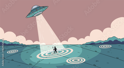A retro cartoon illustration of a UFO beaming up a person from a field marked with mysterious crop circles under a pink sky.