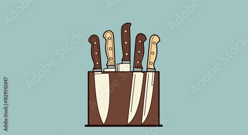 A set of kitchen knives with wooden handles neatly arranged in a brown wooden knife block against a muted blue background.