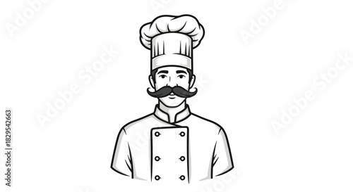 A black and white line art portrait of a professional male chef with a large mustache wearing a traditional tall white toque hat.