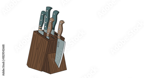 A cartoon illustration of a wooden kitchen knife block holding a set of five different knives with blue and green handles.