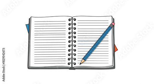A hand-drawn illustration of an open spiral notebook with lined pages and a blue pencil resting on top of the right page.