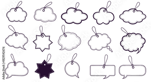 A collection of blank price tags and labels in the shape of speech bubbles and clouds with a stitched border design style.