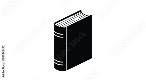 A simple black and white silhouette icon of a thick hardcover book standing upright shown from an isometric perspective.