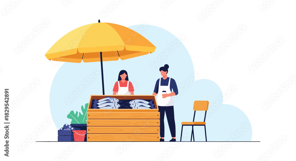 Fototapeta premium A flat vector illustration of two vendors selling fresh fish at an outdoor market stall under a large yellow umbrella.