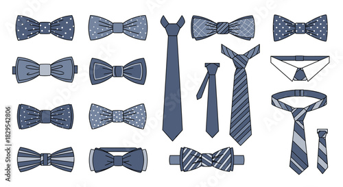 A stylish collection of blue and gray neckties and bow ties with various patterns for formal and business attire.