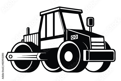 Simple black and white road roller offers a minimalist construction vehicle icon