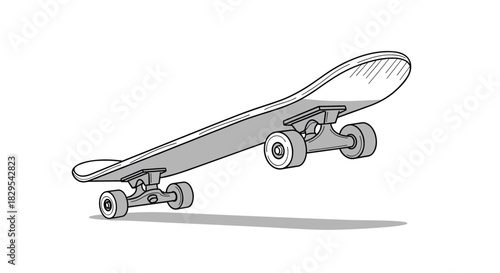 A dynamic black and white illustration of a skateboard in mid-air with a shadow underneath suggesting a jump or trick.