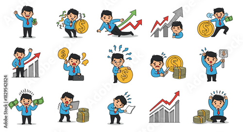 A set of cartoon businessman characters expressing various emotions about finance success and failure with money.