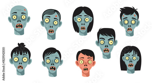 A collection of cartoon zombie character heads with various hairstyles and vacant expressions for Halloween design.