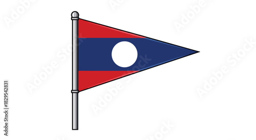 A pennant-style flag of the nation of Laos with its traditional red blue and white circle design on a flagpole.
