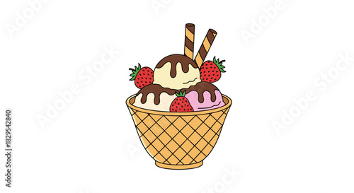 A delicious cartoon illustration of an ice cream sundae in a waffle bowl with strawberries and chocolate sauce.