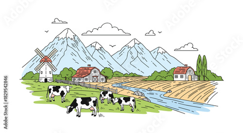 A charming line art illustration of a rural farm landscape with cows grazing in a field near mountains and a river.