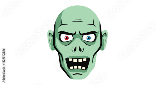 A scary and funny cartoon illustration of a green zombie head with red and blue mismatched eyes and a crazed look.