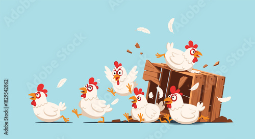 A funny cartoon illustration of frantic chickens escaping and running away from a broken wooden crate on a blue background.