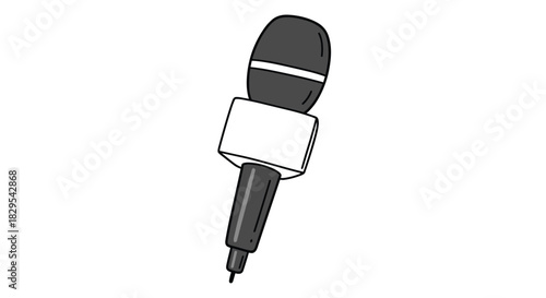 A simple grayscale doodle of a handheld interview microphone with a blank white box for a logo or station ID.