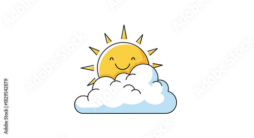 A cute and happy cartoon sun with a smiling face peeking out from behind a fluffy white cloud in the sky.
