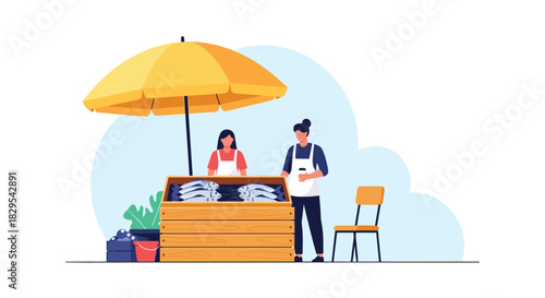 A flat vector illustration of two vendors selling fresh fish at an outdoor market stall under a large yellow umbrella.