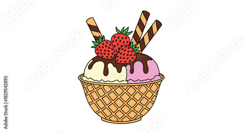 A sweet and colorful illustration of a delicious ice cream sundae in a waffle cup with fresh strawberries.