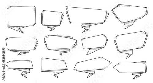 A collection of hand-drawn origami-style speech bubbles and banners with a sketchy texture for text and quotes.