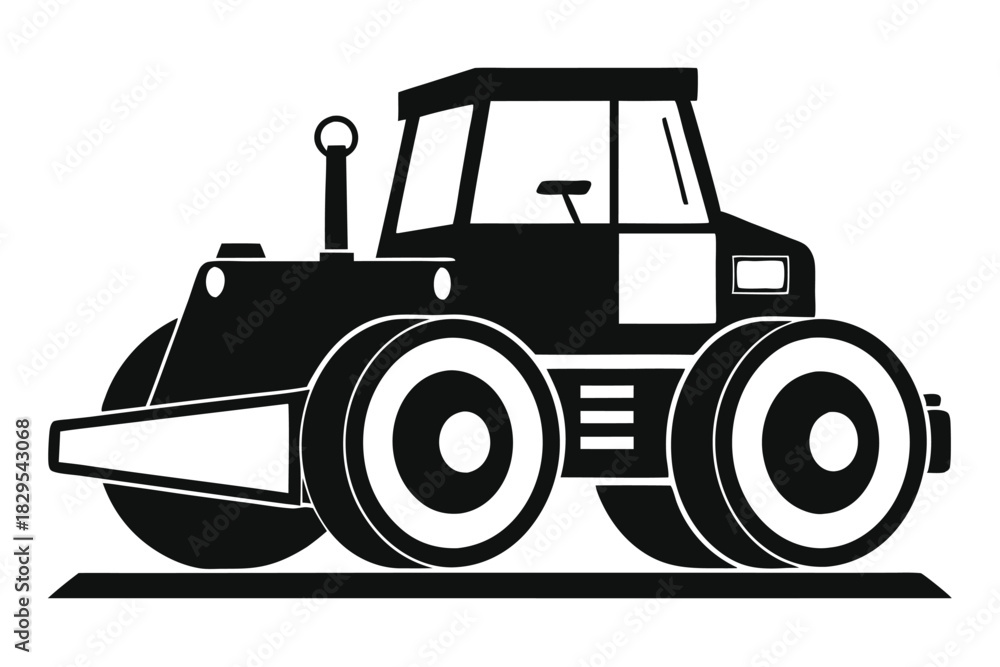 Naklejka premium Black silhouette shows a road roller with rollers and cab on white