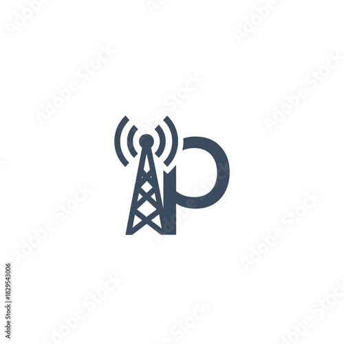 Antenna tower and letter P logo design in dark blue.