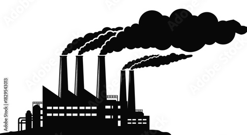 A stark black silhouette of a large industrial factory complex with smokestacks billowing thick dark smoke.