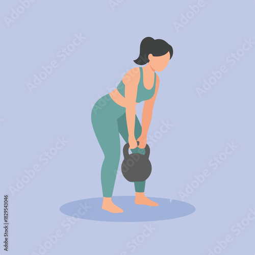 In the image, a woman is lifting a kettlebell, she has her torso bent over, with her knees bent, and she's lifting the kettlebell off the ground.