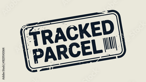 A black and white tracked parcel stamp with barcode on a light background in a rectangle frame