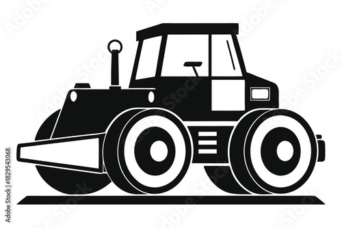 Black silhouette shows a road roller with rollers and cab on white