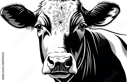 Detailed Black and White Cow Head Portrait Illustration in Halftone and Engraving Style, Ideal for Dairy Farm Logo, Beef, or Agricultural Branding Vector.