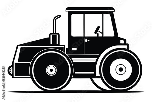 Black and white depicts a stylized road roller with a distinctive cab design