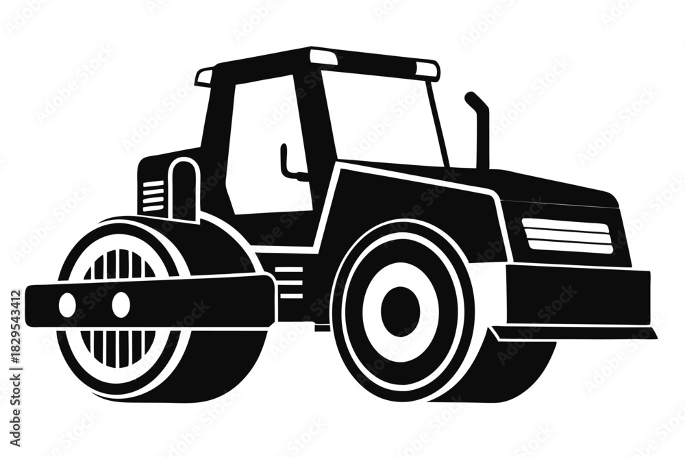 Naklejka premium A black and white simplified vehicle steamroller or road roller is shown clearly